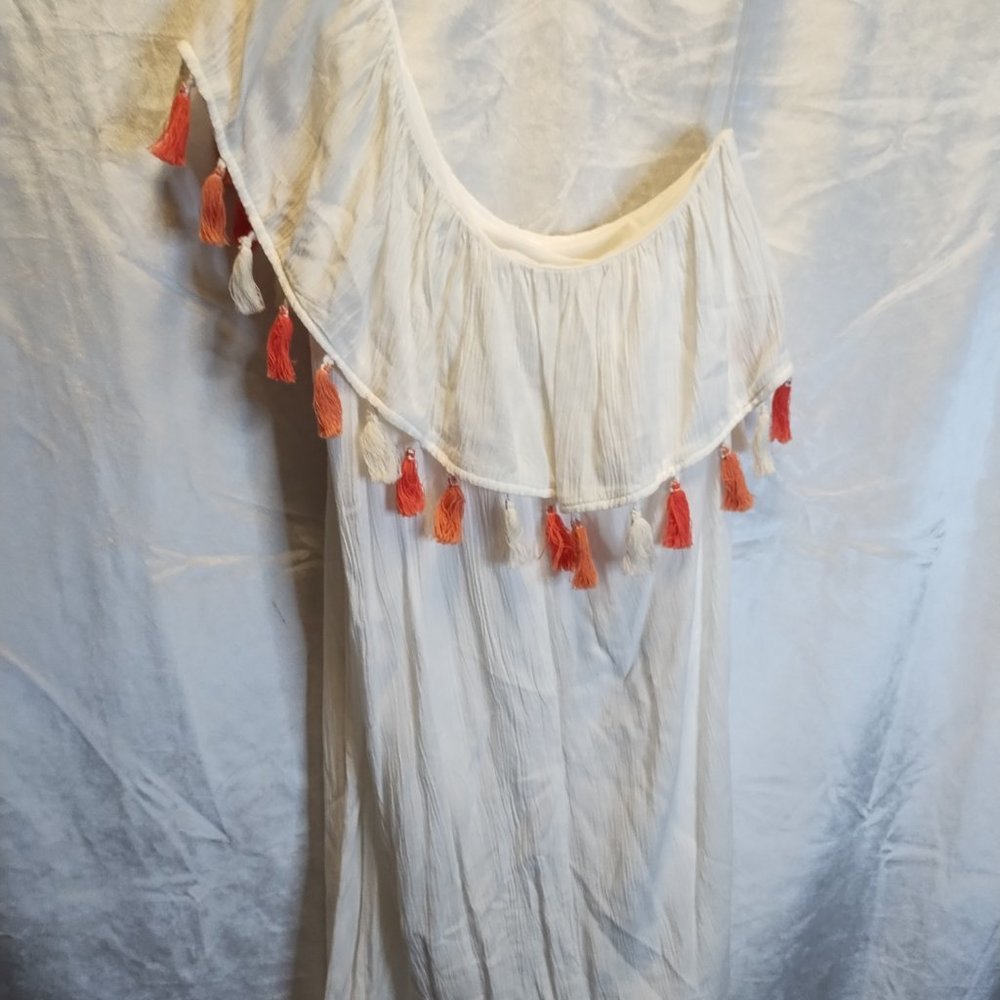 Lily Rose White One-Shoulder Dress with Orange Tassel Trim